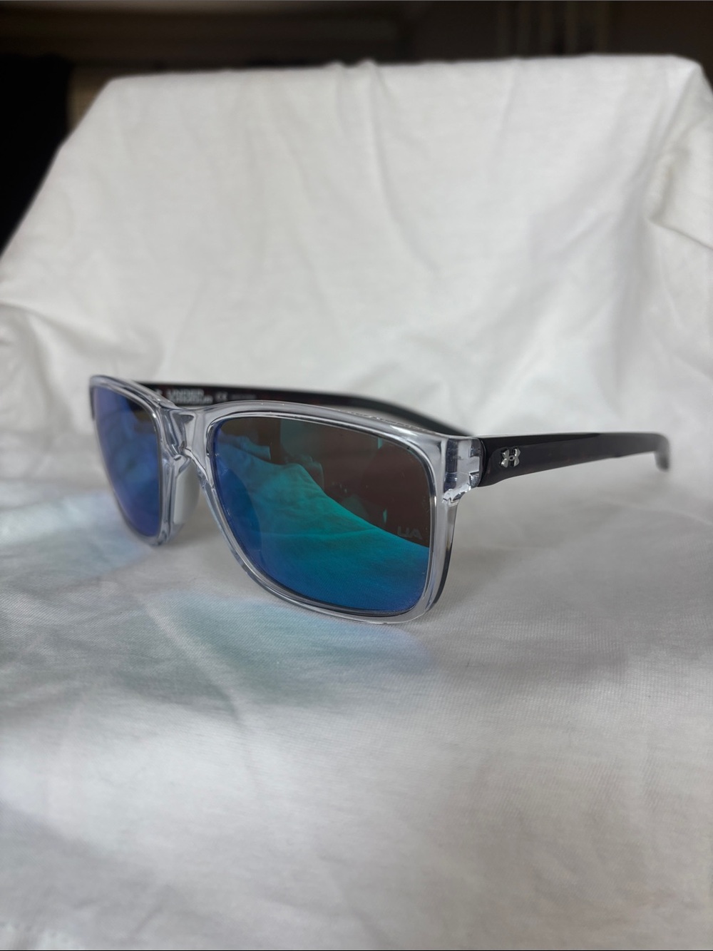 Under Armour Clear Frame Sunglasses with Green-Blue Mirrored Lenses
